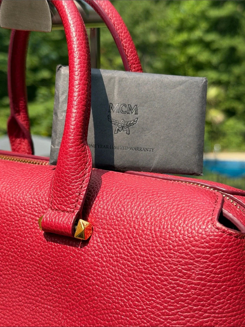 MCM Red Leather Satchel Bag